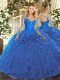 Scoop Long Sleeves Lace Up Quinceanera Gown Blue Organza