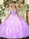 Straps Sleeveless Quinceanera Dresses Floor Length Beading and Ruffles Lilac Tulle