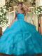 Baby Blue Ball Gowns Tulle Halter Top Sleeveless Ruffles Floor Length Lace Up Quinceanera Dresses