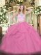 Nice Rose Pink Two Pieces Tulle Scoop Sleeveless Lace and Ruffles Floor Length Zipper Quinceanera Gown