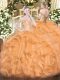 Latest Orange Organza Lace Up Off The Shoulder Sleeveless Floor Length Quince Ball Gowns Beading and Ruffles