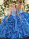 Blue Lace Up Straps Beading and Ruffles 15th Birthday Dress Organza Sleeveless