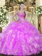 Custom Designed Sleeveless Organza Floor Length Lace Up Sweet 16 Dress in Lilac with Beading and Ruffles