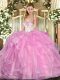 Artistic Sleeveless Lace Up Floor Length Beading and Ruffles Ball Gown Prom Dress