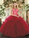 Modest Wine Red Ball Gowns Organza High-neck Sleeveless Ruffles Floor Length Lace Up Quinceanera Dress
