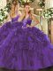Excellent Floor Length Lace Up Quince Ball Gowns Purple for Military Ball and Sweet 16 and Quinceanera with Beading and Ruffles