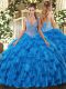 Blue Sleeveless Floor Length Beading and Ruffles Lace Up Quinceanera Gowns
