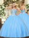 Graceful Aqua Blue Ball Gowns Beading Quinceanera Gowns Lace Up Tulle Sleeveless Floor Length