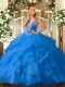 Fancy Baby Blue Ball Gowns Straps Sleeveless Tulle Floor Length Lace Up Beading and Ruffles Quinceanera Gowns