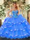 Fashion Blue Sweetheart Lace Up Beading and Ruffled Layers Quinceanera Gowns Sleeveless