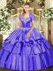 Inexpensive Purple Organza and Taffeta Lace Up Quince Ball Gowns Sleeveless Floor Length Beading and Ruffled Layers