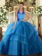 Amazing Floor Length Blue Quinceanera Gowns Tulle Sleeveless Ruffled Layers
