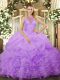Floor Length Lavender Quinceanera Gowns Organza Sleeveless Beading and Ruffles and Pick Ups
