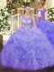 Free and Easy Lavender Lace Up Scoop Beading and Ruffles and Pick Ups Ball Gown Prom Dress Organza Sleeveless
