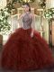 Ball Gowns Quinceanera Dresses Rust Red Halter Top Organza Sleeveless Floor Length Lace Up