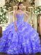 Embroidery and Ruffled Layers Ball Gown Prom Dress Lavender Lace Up Sleeveless Floor Length