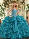 Suitable Teal Organza Lace Up Sweetheart Sleeveless Floor Length Quinceanera Gowns Beading and Ruffles