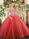 Floor Length Coral Red Quinceanera Gown Straps Sleeveless Lace Up