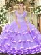 Exceptional Scoop Sleeveless Tulle Ball Gown Prom Dress Beading and Ruffled Layers Lace Up