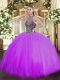 Deluxe Lilac Tulle Lace Up Halter Top Sleeveless Floor Length Quince Ball Gowns Beading