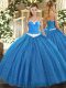 Deluxe Sleeveless Floor Length Appliques Lace Up 15 Quinceanera Dress with Blue