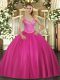 Tulle V-neck Sleeveless Lace Up Beading Ball Gown Prom Dress in Fuchsia