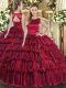 Simple Wine Red Organza Lace Up Scoop Sleeveless Floor Length Quince Ball Gowns Ruffled Layers