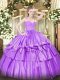 Free and Easy Lilac Ball Gowns Organza Sweetheart Sleeveless Beading and Lace and Ruffled Layers Floor Length Zipper 15th Birthday Dress