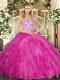 Floor Length Lace Up Quinceanera Dress Fuchsia for Sweet 16 and Quinceanera with Appliques and Ruffles