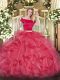 Eye-catching Floor Length Coral Red Quinceanera Dress Off The Shoulder Short Sleeves Zipper