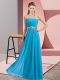 Floor Length Lace Up Evening Dress Baby Blue for Prom and Party with Beading
