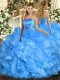 Baby Blue Sleeveless Floor Length Ruffles Lace Up Quince Ball Gowns