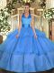 Baby Blue Halter Top Neckline Ruffled Layers Quinceanera Dress Sleeveless Lace Up