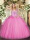 Adorable Sleeveless Floor Length Beading Lace Up Sweet 16 Dress with Rose Pink