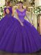 Purple Ball Gowns Tulle Scoop Sleeveless Beading Floor Length Backless Quince Ball Gowns
