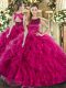 Pretty Fuchsia Scoop Neckline Ruffles Quinceanera Gown Sleeveless Lace Up