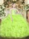 Dazzling Sleeveless Floor Length Beading and Ruffles Lace Up Sweet 16 Dress with Yellow Green