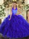 Excellent Organza Halter Top Sleeveless Lace Up Ruffles Quinceanera Dresses in Royal Blue