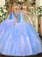 Captivating Floor Length Lace Up Quinceanera Gowns Aqua Blue for Military Ball and Sweet 16 and Quinceanera with Beading and Ruffles