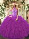 Purple Ball Gowns Beading and Ruffles Quinceanera Dress Lace Up Organza Sleeveless Floor Length