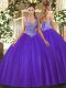 Nice Purple Ball Gowns V-neck Sleeveless Tulle Floor Length Lace Up Beading Quinceanera Gowns