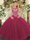Beauteous Fuchsia Lace Up Scoop Beading and Appliques Sweet 16 Quinceanera Dress Tulle Cap Sleeves
