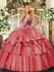 High Quality Floor Length Ball Gowns Sleeveless Coral Red Quinceanera Gown Lace Up