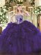 Flare Floor Length Purple Quinceanera Dresses Organza Sleeveless Beading and Ruffles