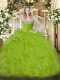 Olive Green Organza Lace Up Quince Ball Gowns Sleeveless Floor Length Beading and Ruffles