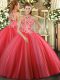 Embroidery Quinceanera Dresses Coral Red Lace Up Sleeveless Floor Length