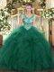 High Quality Dark Green Ball Gowns Tulle Scoop Sleeveless Beading and Ruffles Floor Length Lace Up Quinceanera Dresses