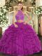 Lovely Fuchsia Tulle Criss Cross Quinceanera Dress Sleeveless Floor Length Beading and Ruffled Layers