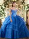 Decent Blue Ball Gowns Sweetheart Sleeveless Tulle Floor Length Lace Up Embroidery and Ruffled Layers 15 Quinceanera Dress