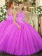 Glittering Floor Length Lace Up Vestidos de Quinceanera Fuchsia for Military Ball and Sweet 16 and Quinceanera with Beading and Embroidery